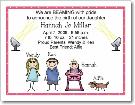 Pen At Hand Stick Figures Birth Announcements - Beaming - Girl